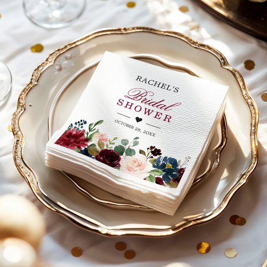 Serviette En Papier Brousse Bourgogne Bleu Floral Chic Fête des mariée