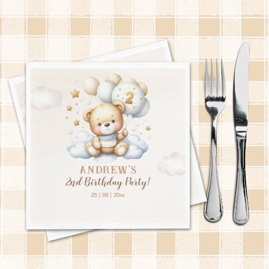 Serviette En Papier Brown Bear and Balloons Second Birthday Party