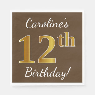Serviette En Papier Brown, Faux Gold 12e anniversaire + Nom personnali