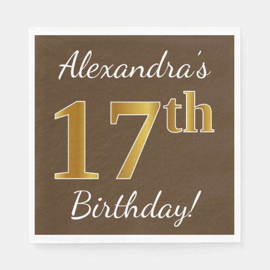 Serviette En Papier Brown, Faux Gold 17e anniversaire + Nom personnali (Devant)