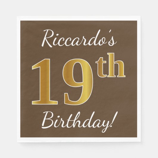 Serviette En Papier Brown, Faux Gold 19e anniversaire + Nom personnali (Devant)