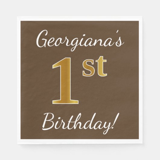 Serviette En Papier Brown, Faux Gold 1er anniversaire + Nom personnali (Devant)