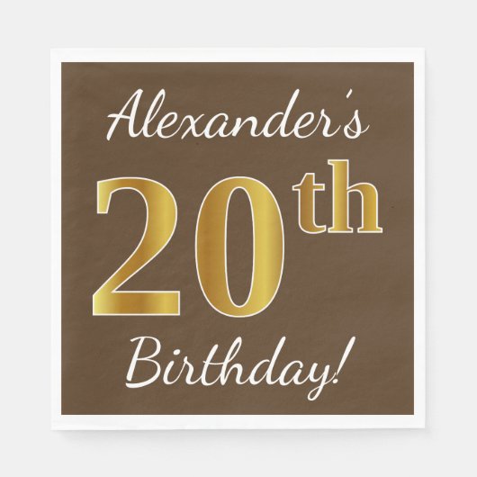Serviette En Papier Brown, Faux Gold 20e anniversaire + Nom personnali (Devant)