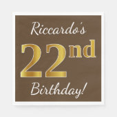 Serviette En Papier Brown, Faux Gold 22e anniversaire + Nom personnali (Devant)