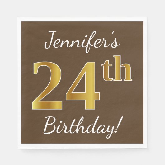 Serviette En Papier Brown, Faux Gold 24e anniversaire + Nom personnali (Devant)