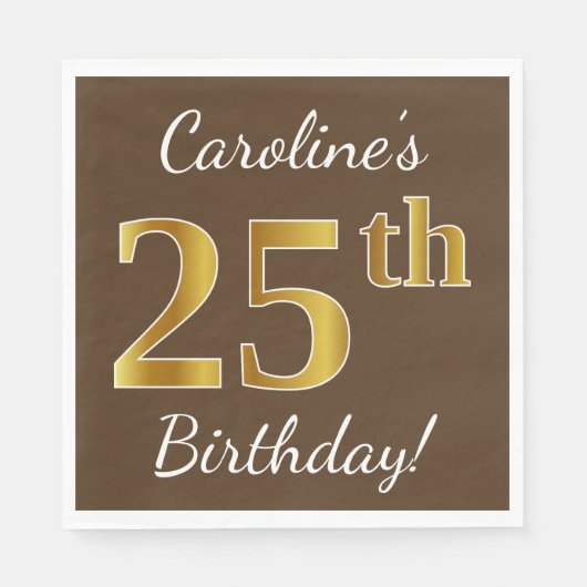 Serviette En Papier Brown, Faux Gold 25e anniversaire + Nom personnali (Devant)