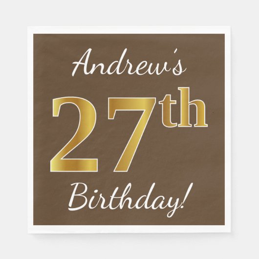 Serviette En Papier Brown, Faux Gold 27e anniversaire + Nom personnali (Devant)