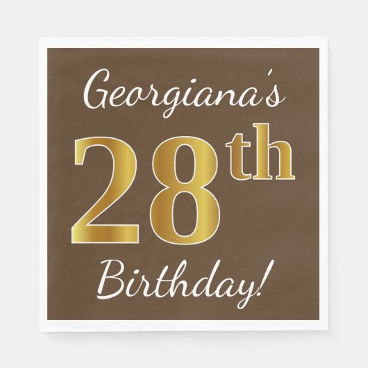 Serviette En Papier Brown, Faux Gold 28e anniversaire + Nom personnali (Devant)