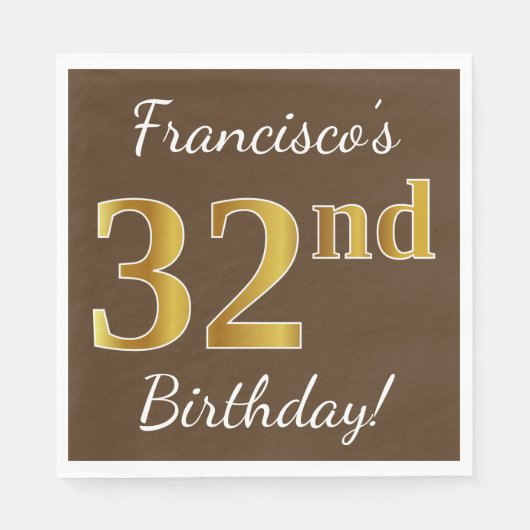 Serviette En Papier Brown, Faux Gold 32e anniversaire + Nom personnali (Devant)