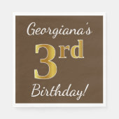 Serviette En Papier Brown, Faux Gold 3ème anniversaire + Nom personnal (Devant)