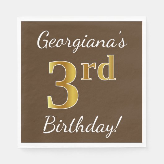 Serviette En Papier Brown, Faux Gold 3ème anniversaire + Nom personnal (Devant)