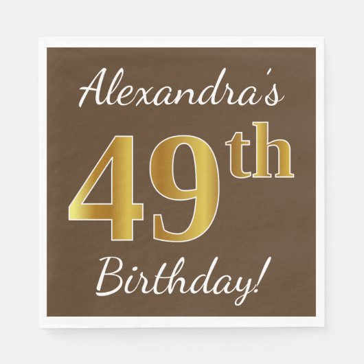Serviette En Papier Brown, Faux Gold 49e anniversaire + Nom personnali (Devant)
