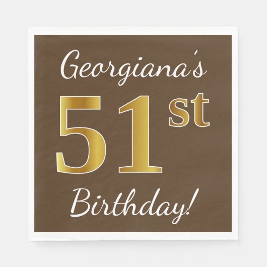 Serviette En Papier Brown, Faux Gold 51e anniversaire + Nom personnali (Devant)
