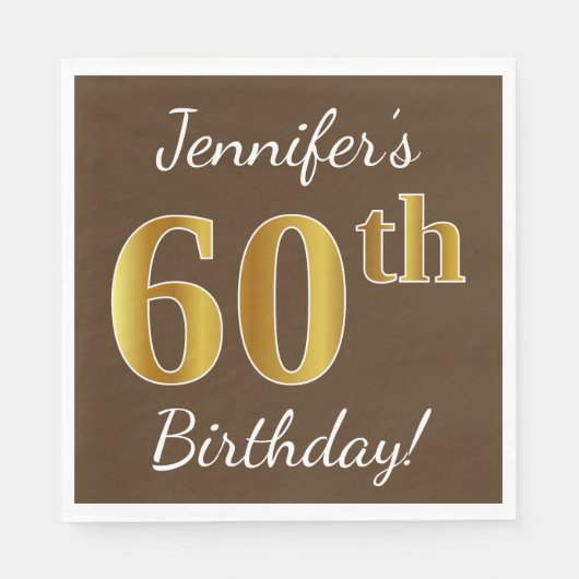 Serviette En Papier Brown, Faux Gold 60e anniversaire + Nom personnali (Devant)