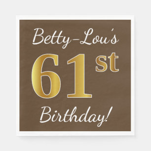 Serviette En Papier Brown, Faux Gold 61e anniversaire + Nom personnali