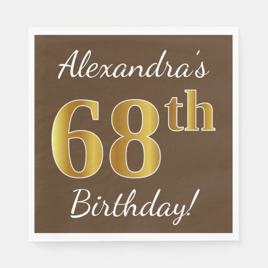 Serviette En Papier Brown, Faux Gold 68e anniversaire + Nom personnali (Devant)
