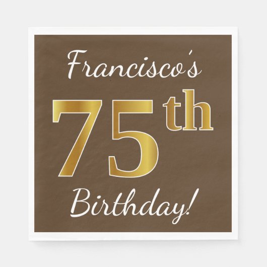 Serviette En Papier Brown, Faux Gold 75e anniversaire + Nom personnali (Devant)