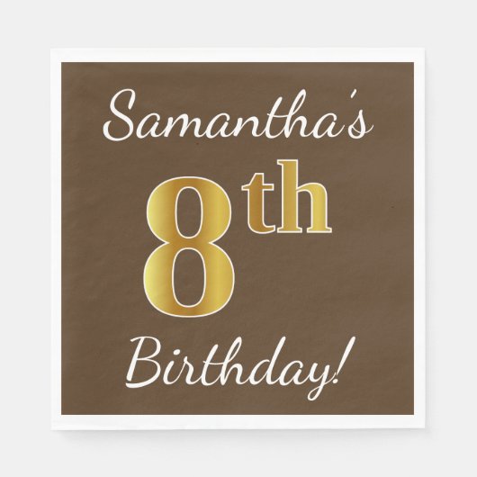 Serviette En Papier Brown, Faux Gold 8ème anniversaire + Nom personnal (Devant)