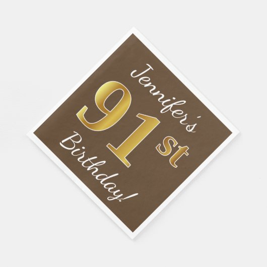 Serviette En Papier Brown, Faux Gold 91ème anniversaire + Nom personna (Coin)