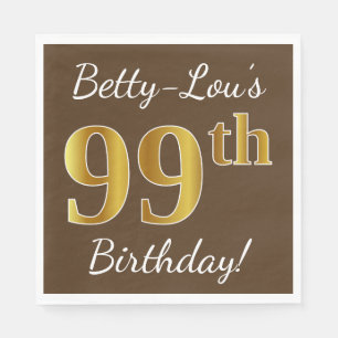 Serviette En Papier Brown, Faux Gold 99e anniversaire + Nom personnali