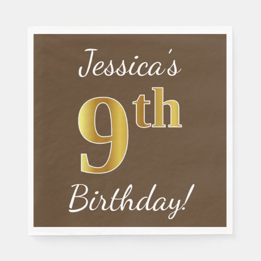 Serviette En Papier Brown, Faux Gold 9e anniversaire + Nom personnalis (Devant)