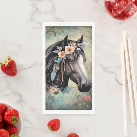 Serviette En Papier  Brown horse in flowers. (En situation)