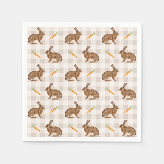 Serviette En Papier Brown Rabbits And Carrots Rustic Beige Gingham (Devant)