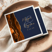 Serviette En Papier Brûlé Orange Agate Gold Script Mariage bleu marine