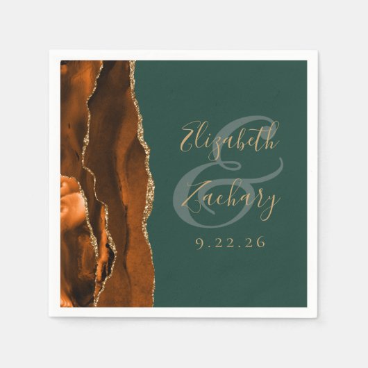 Serviette En Papier Brûlé Orange Agate Or Dark Green Mariage (Devant)