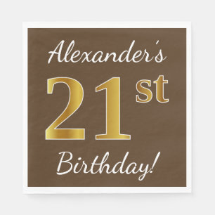 Serviette En Papier Brun, anniversaire d'or de Faux 21ème + Nom fait