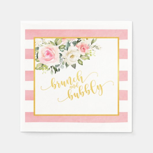 Serviette En Papier Brunch et serviette Bubbly - Gold Text Pink Stripe (Devant)