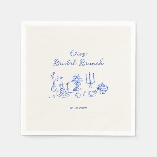Serviette En Papier Brunch nuptial bleu dessiné à la main (Devant)