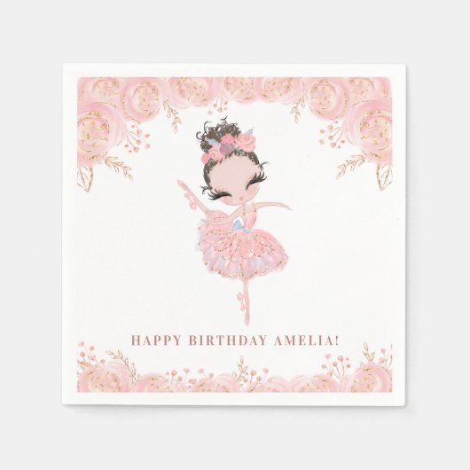 Serviette En Papier Brunette Ballerina en Robe Rose Anniversaire Flora (Devant)