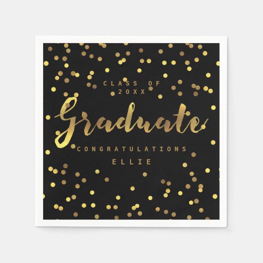 Serviette En Papier Brush Script Personnalisé Gold Foil Confetti Noir (Devant)
