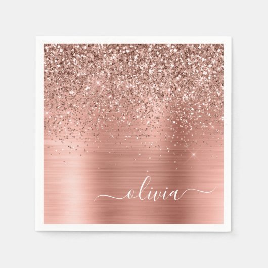 Serviette En Papier Brushed metal rose Gold Pink Glitter Monogram (Devant)