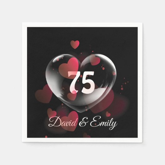 Serviette En Papier Bubble Coeur du 75e anniversaire avec Coeurs rouge (Devant)