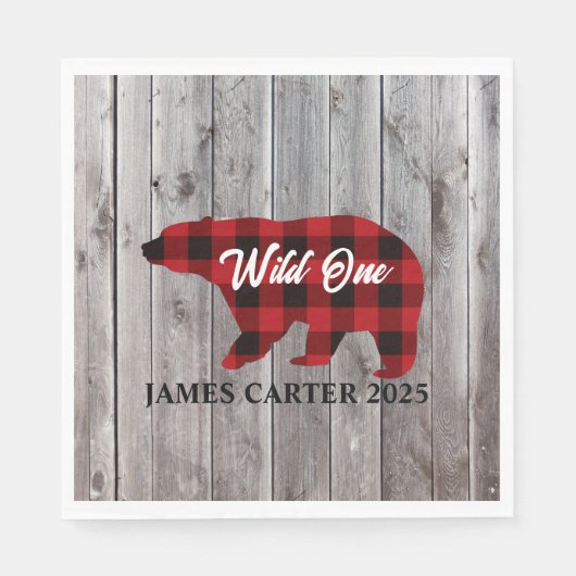 Serviette En Papier Buffalo Plaid Bear Wild One Boy 1ère fête d'annive (Devant)