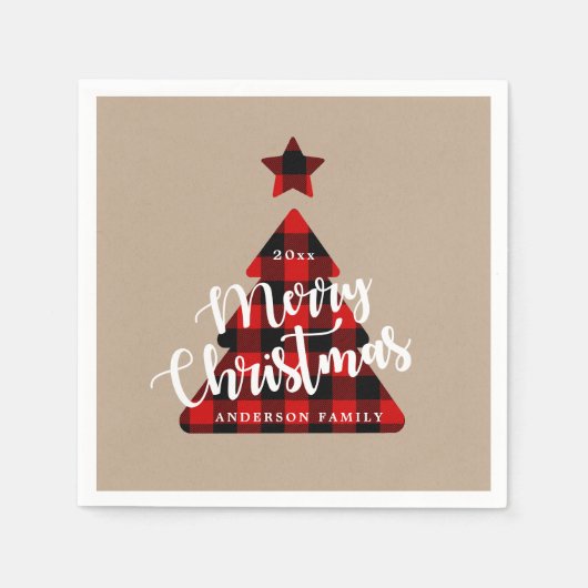 Serviette En Papier Buffalo Plaid Christmas Tree Kraft Monogramme (Devant)