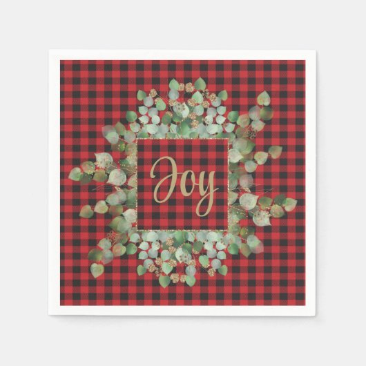 Serviette En Papier Buffalo Plaid Eucalyptus Christmas Joy Cocktail (Devant)