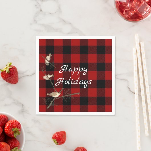 Serviette En Papier buffle rouge et noir plaid Noël avec oiseaux (En situation)
