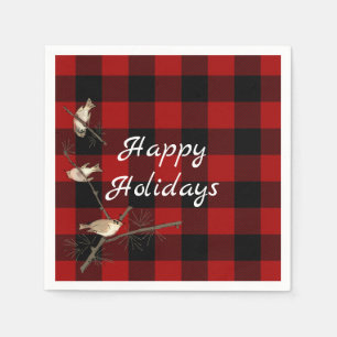 Serviette En Papier buffle rouge et noir plaid Noël avec oiseaux