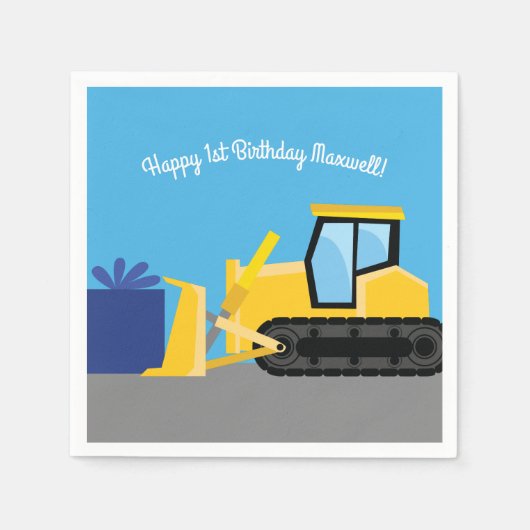 Serviette En Papier Bulldozer Cute 1er Anniversaire Fête Construction (Devant)