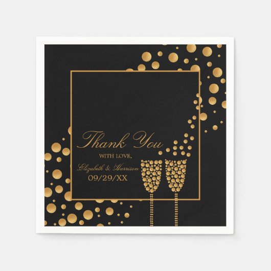 Serviette En Papier Bulles de Champagne d'or - Noir & Or - Mariage (Devant)
