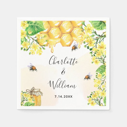 Serviette En Papier Bumble abeilles miel fleurons jaunes mariage (Devant)
