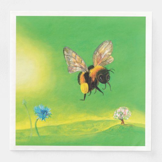 Serviette En Papier Bumble Bee survolant une prairie fleurie (Devant)