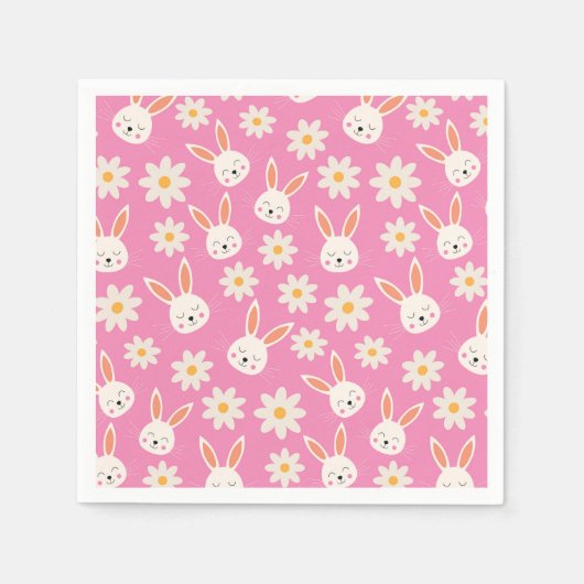 Serviette En Papier Bunnies de Pâques avec Fleurs blanches sur rose (Devant)