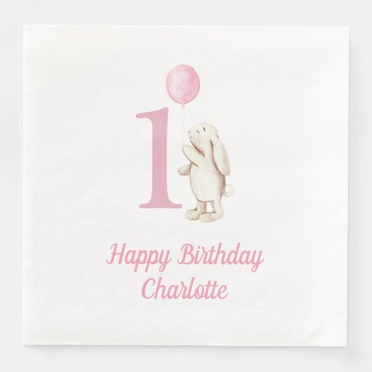 Serviette En Papier Bunny & Balloon rose 1er anniversaire (Devant)