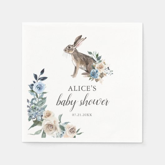 Serviette En Papier Bunny Boho Dusty Blue Flowers Baby shower (Devant)