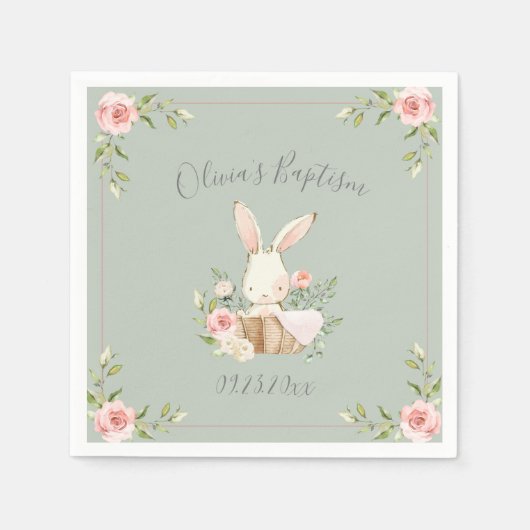 Serviette En Papier Bunny Rabbit Aquarelle Sage Baby shower vert (Devant)