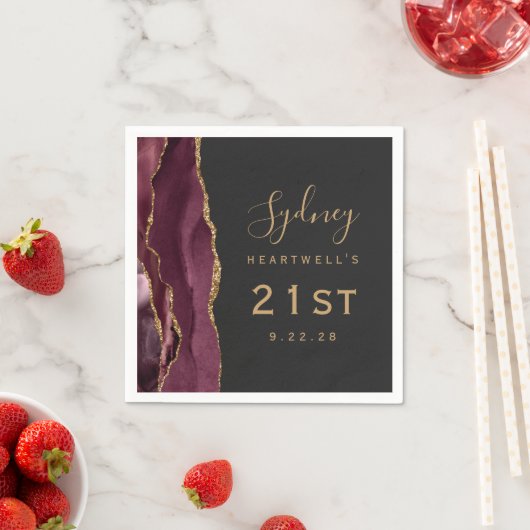 Serviette En Papier Burgundy Agate Gold Script Dark 21e anniversaire (En situation)